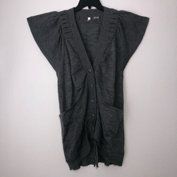 Anthropologie Moth Gray Wool Flutter Sleeve Button Up Long Cardigan size S - Picture 1 of 10